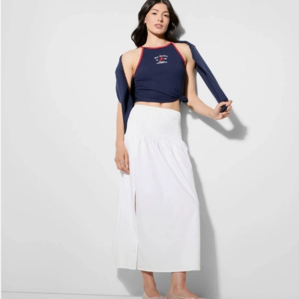 White Maxi Skirt with Side Slit and Smocked Waist Wild Fable SZ LARGE